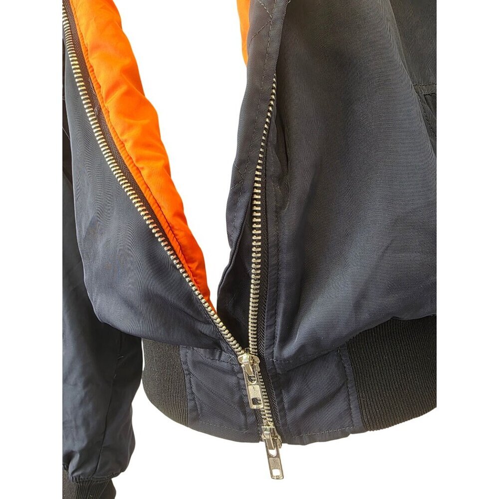 MABLE Ruffle Shoulder Bomber Jacket Womens Sz L Navy Silver Full Zip Cropped - Picture 9 of 13